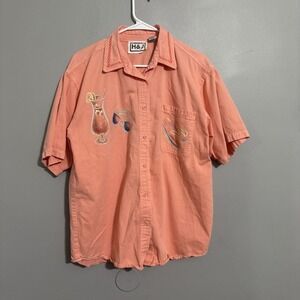 H&J Button Up T shirt M 100% Cotton Hot Peach short sleeved Cocktail Summer